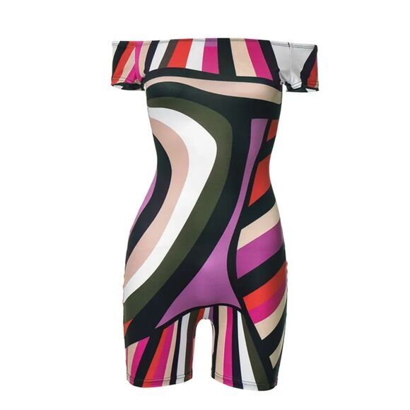 PHILLY'S TREASURE WOMEN'S MULTICOLOR PRINT SHORT SLEEVE OFF-SHOULDER ROMPER - Picture 4 of 4